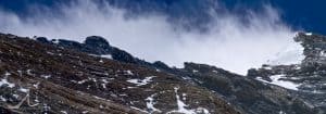 Panoramic view of the First, Second, and Third Steps of Everest from Noel Odell's vantage point on June 8, 1924, when he made the final sighting of George Mallory and Andrew Irvine on their fateful summit bid.