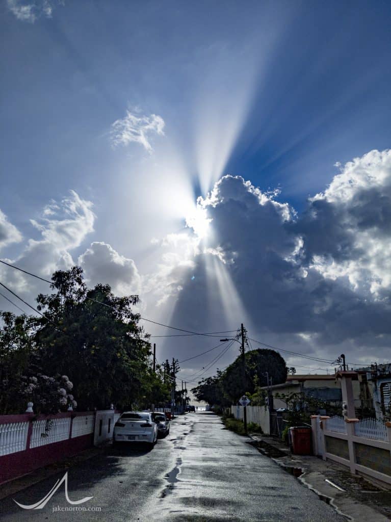 God rays over Stella, Puerto Rico.