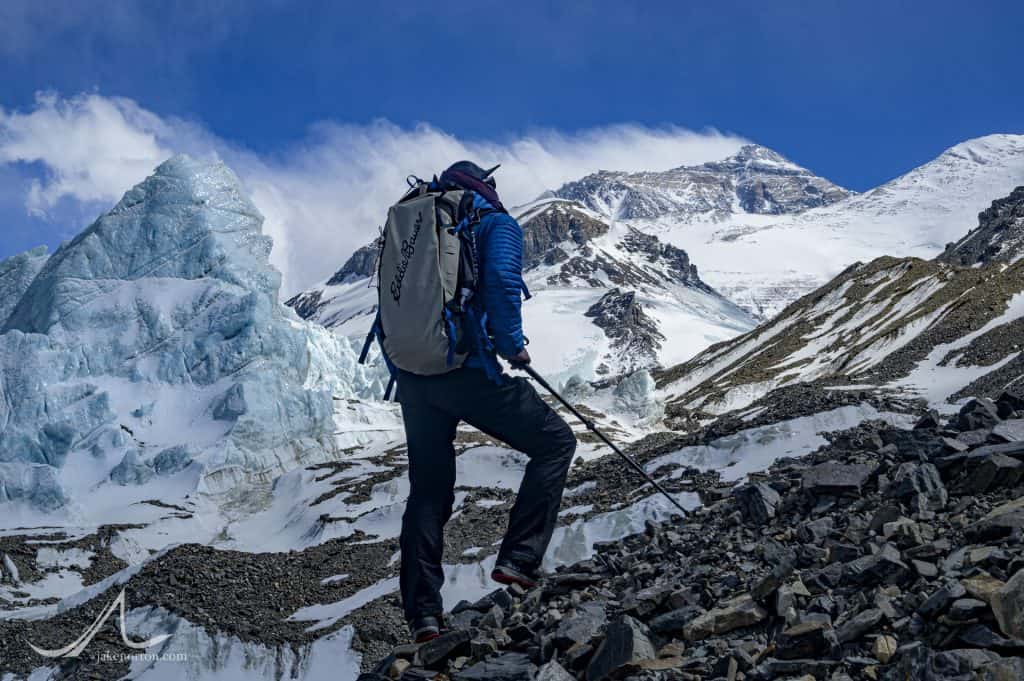 Sid Pattison gazes at the North Face of Mount Everest rising above seracs at 20,500 feet on the East Rongbuk Glacier, Tibet.